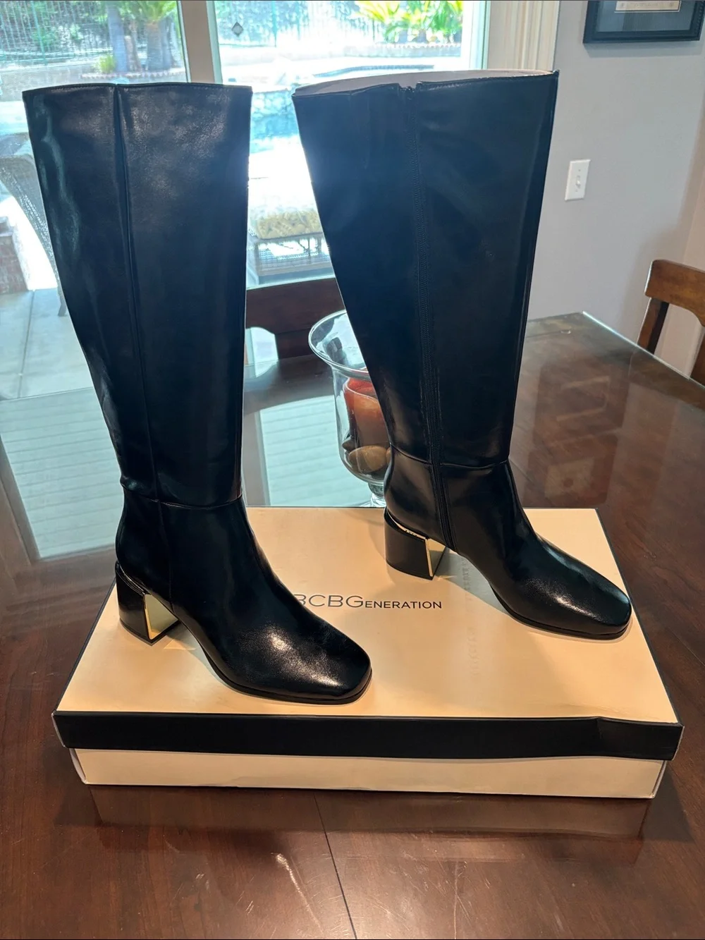 BCBGeneration Black Over-The-Knee Block Heel Boots with Gold Accent